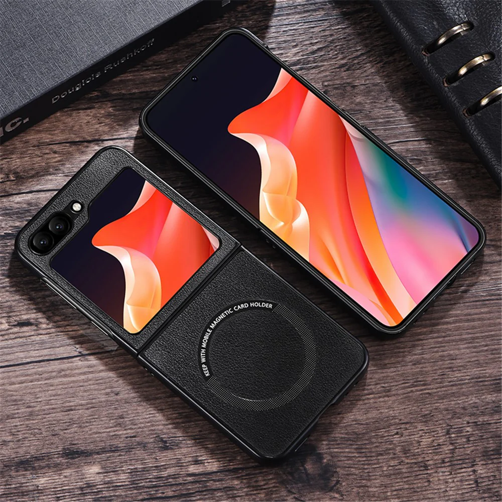For Samsung Galaxy Z Flip7 FE 5G / Z Flip6 5G Case Compatible with MagSafe Leather+PC Phone Cover - Black - Image 4