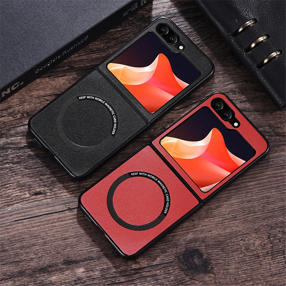 For Samsung Galaxy Z Flip7 FE 5G / Z Flip6 5G Case Compatible with MagSafe Leather+PC Phone Cover - Black - Image 7