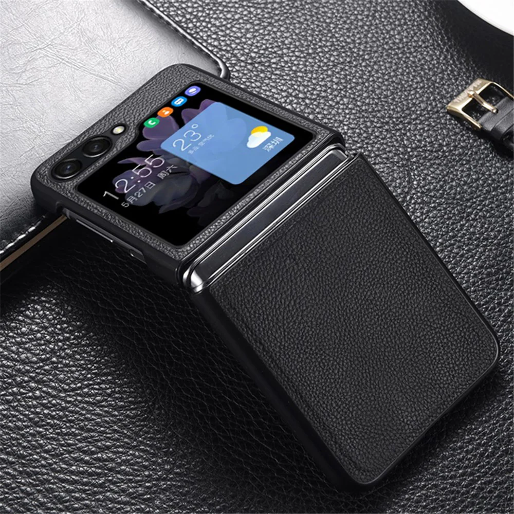 For Samsung Galaxy Z Flip7 FE 5G / Z Flip6 5G Case Cowhide Leather + PC Folding Phone Cover - Black - Image 2