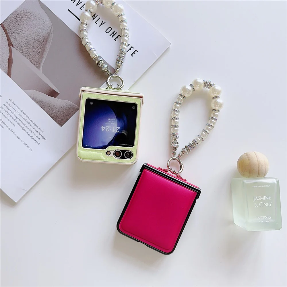 For Samsung Galaxy Z Flip7 FE 5G / Z Flip6 5G Case Crazy Horse Leather+PC Phone Cover with Wrist Pearl Strap - Rose - Image 5