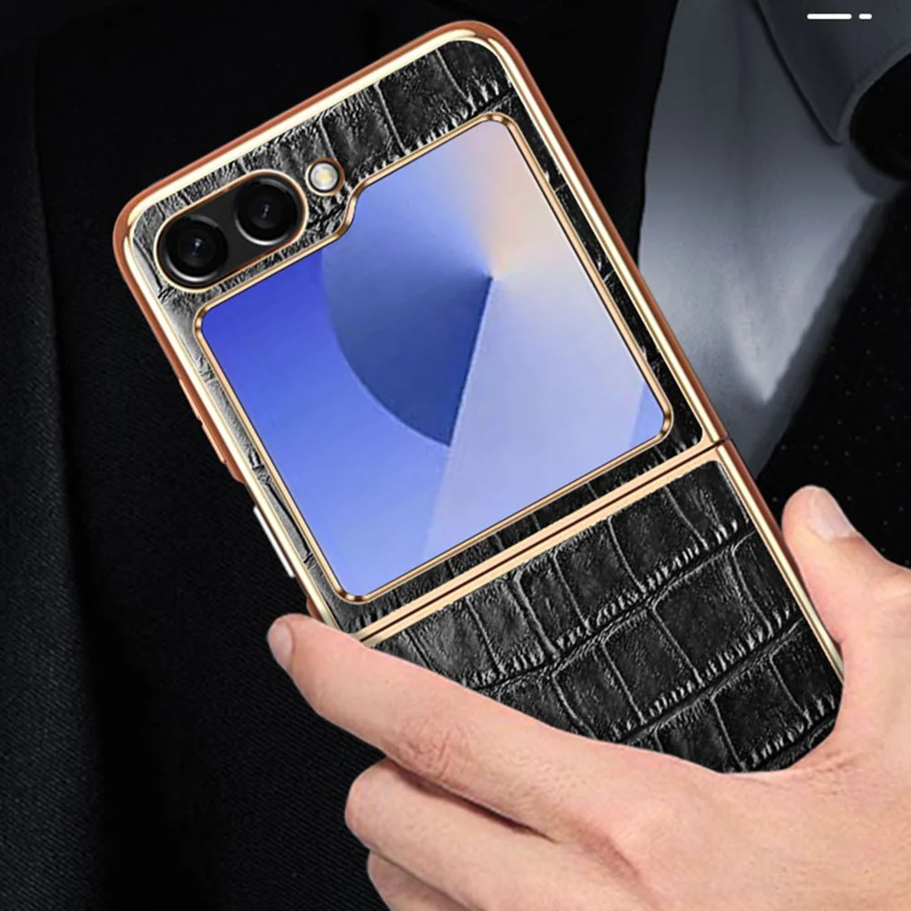 For Samsung Galaxy Z Flip7 FE 5G / Z Flip6 5G Case Crocodile Texture Genuine Cow Leather+PC Phone Cover - Coffee - Image 4