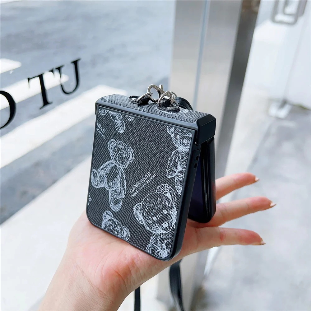 For Samsung Galaxy Z Flip7 FE 5G / Z Flip6 5G Case Cute Bear PU Leather Coated PC Phone Cover with Crossbody Strap - Black - Image 5