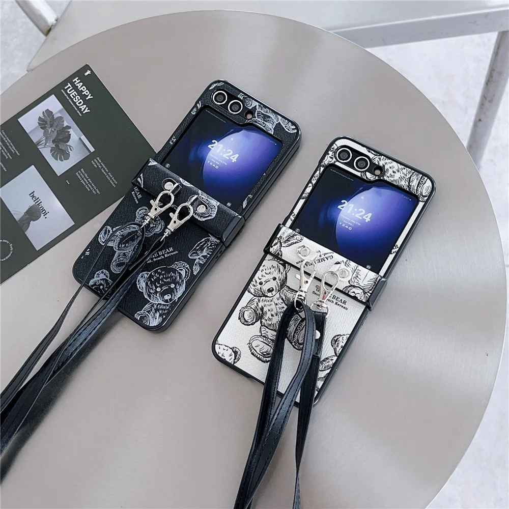 For Samsung Galaxy Z Flip7 FE 5G / Z Flip6 5G Case Cute Bear PU Leather Coated PC Phone Cover with Crossbody Strap - Black - Image 7