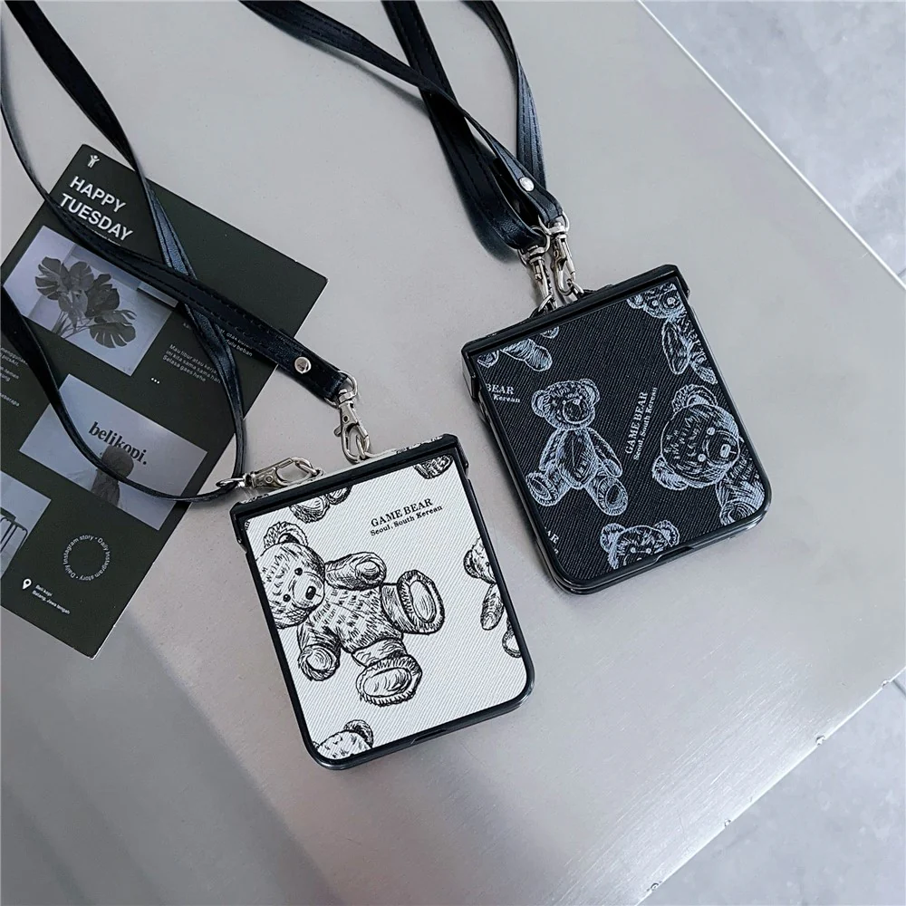 For Samsung Galaxy Z Flip7 FE 5G / Z Flip6 5G Case Cute Bear PU Leather Coated PC Phone Cover with Crossbody Strap - Grey - Image 6