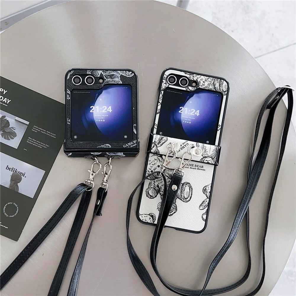 For Samsung Galaxy Z Flip7 FE 5G / Z Flip6 5G Case Cute Bear PU Leather Coated PC Phone Cover with Crossbody Strap - Grey - Image 7