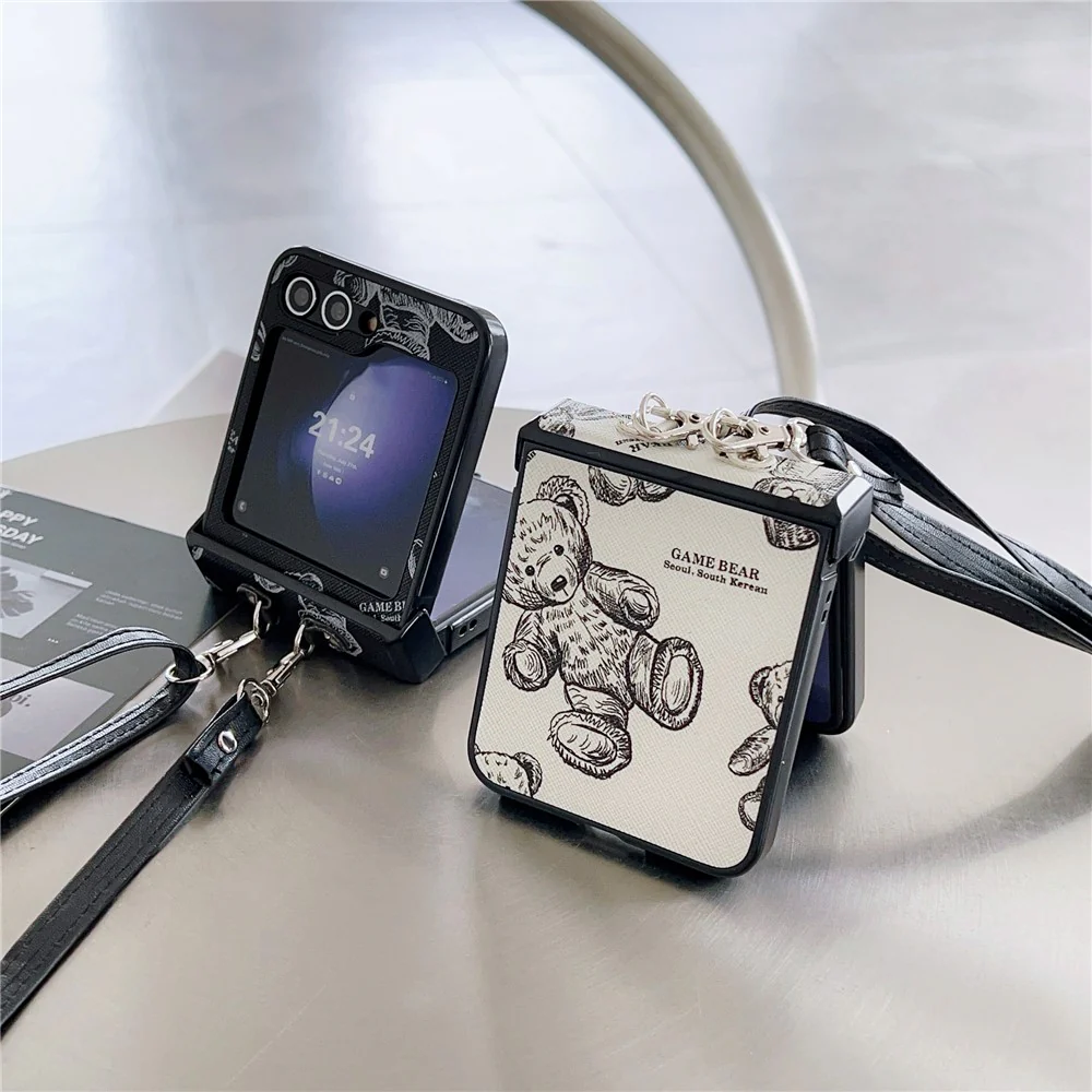 For Samsung Galaxy Z Flip7 FE 5G / Z Flip6 5G Case Cute Bear PU Leather Coated PC Phone Cover with Crossbody Strap - Grey - Image 8