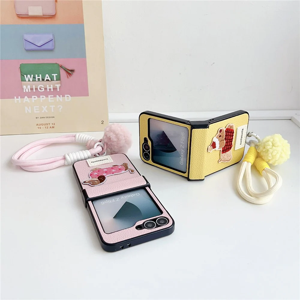 For Samsung Galaxy Z Flip7 FE 5G / Z Flip6 5G Case Cute Dog Hinge Protection Litchi Texture Phone Cover with Wrist Strap - Blue - Image 4