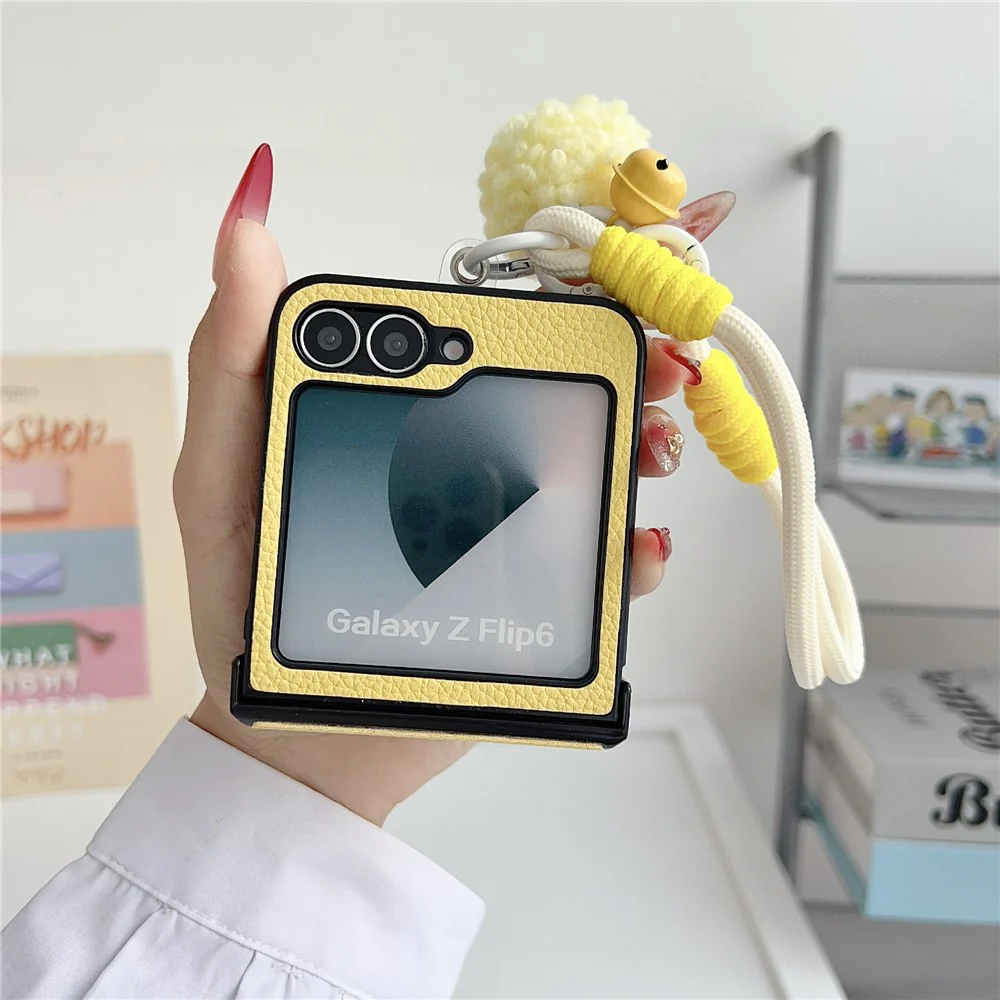 For Samsung Galaxy Z Flip7 FE 5G / Z Flip6 5G Case Cute Dog Hinge Protection Litchi Texture Phone Cover with Wrist Strap - Blue - Image 5