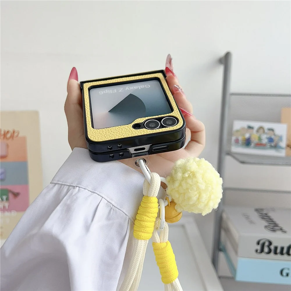 For Samsung Galaxy Z Flip7 FE 5G / Z Flip6 5G Case Cute Dog Hinge Protection Litchi Texture Phone Cover with Wrist Strap - Blue - Image 6