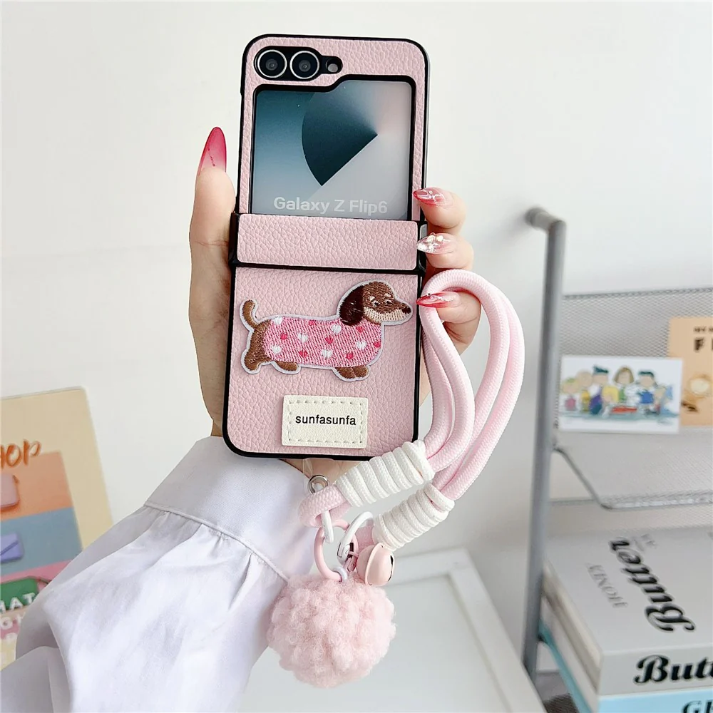 For Samsung Galaxy Z Flip7 FE 5G / Z Flip6 5G Case Cute Dog Hinge Protection Litchi Texture Phone Cover with Wrist Strap - Pink - Image 2