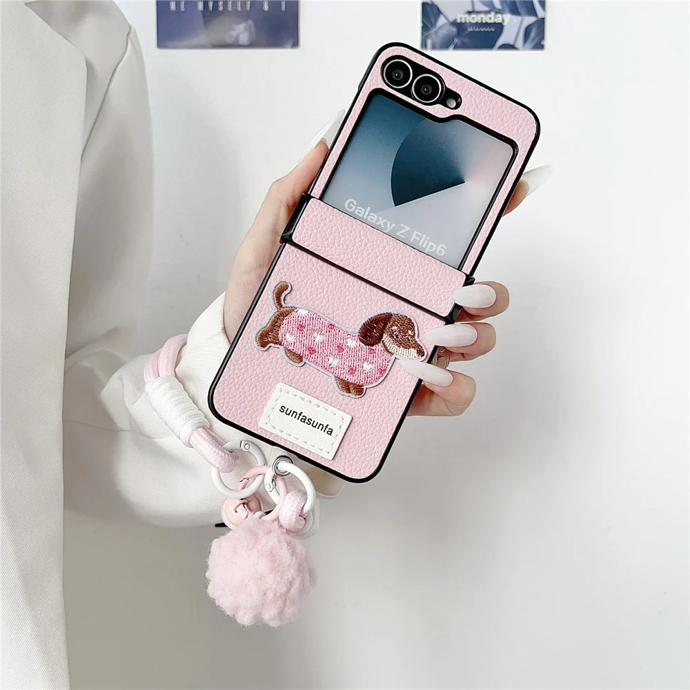 For Samsung Galaxy Z Flip7 FE 5G / Z Flip6 5G Case Cute Dog Hinge Protection Litchi Texture Phone Cover with Wrist Strap - Pink - Image 3