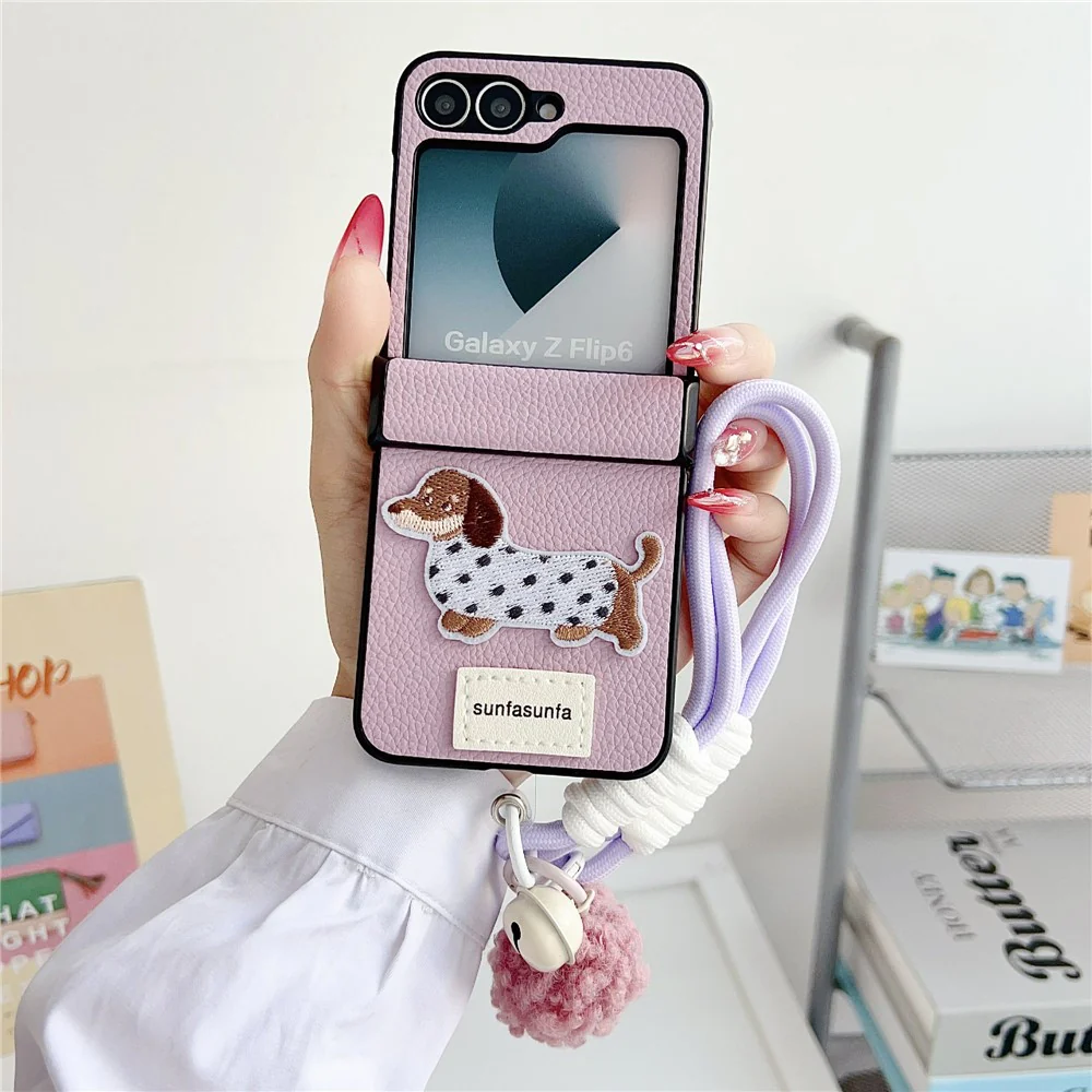 For Samsung Galaxy Z Flip7 FE 5G / Z Flip6 5G Case Cute Dog Hinge Protection Litchi Texture Phone Cover with Wrist Strap - Purple - Image 2