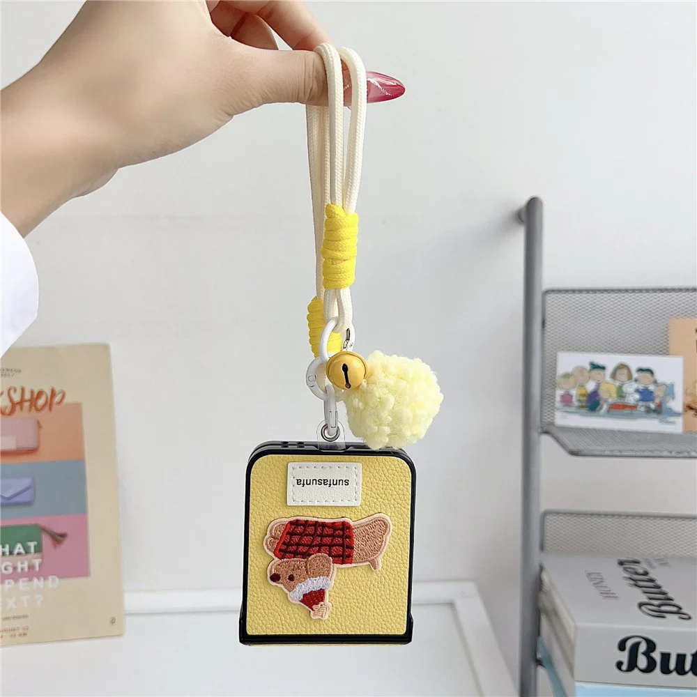 For Samsung Galaxy Z Flip7 FE 5G / Z Flip6 5G Case Cute Dog Hinge Protection Litchi Texture Phone Cover with Wrist Strap - Rose - Image 3