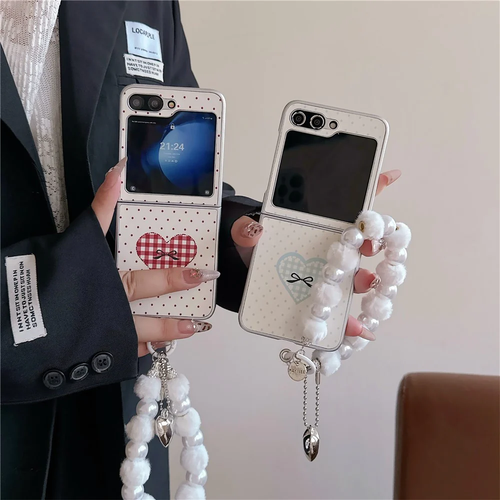 For Samsung Galaxy Z Flip7 FE 5G / Z Flip6 5G Case Dots Heart Pattern Leather+PC Phone Cover with Hand Strap - Blue - Image 8