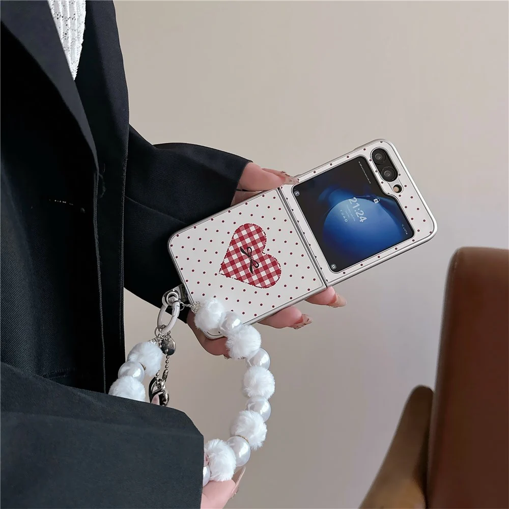 For Samsung Galaxy Z Flip7 FE 5G / Z Flip6 5G Case Dots Heart Pattern Leather+PC Phone Cover with Hand Strap - Red - Image 3