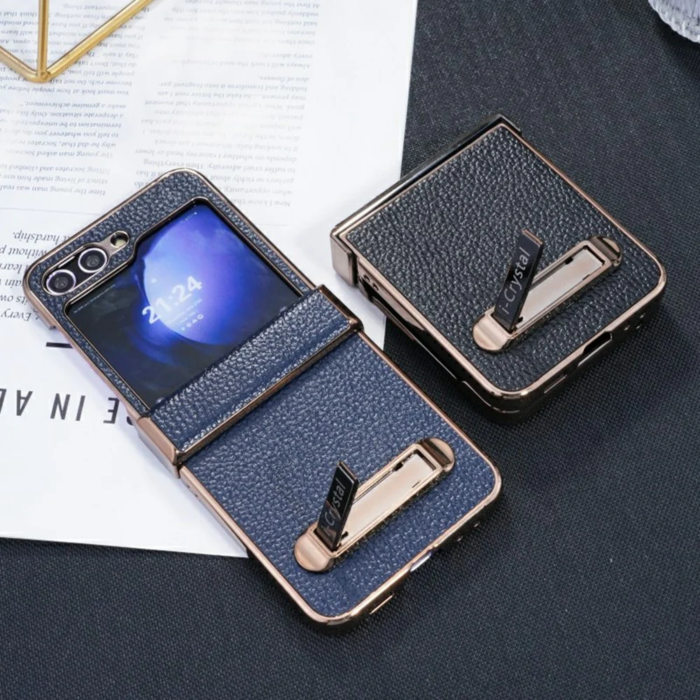 For Samsung Galaxy Z Flip7 FE 5G / Z Flip6 5G Case Electroplated Leather + PC Phone Cover with Invisible Kickstand - Blue - Image 5