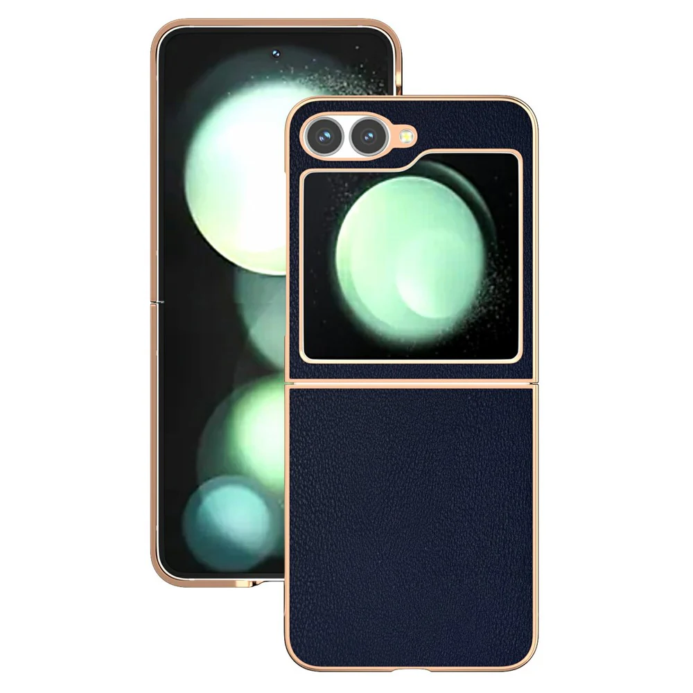 For Samsung Galaxy Z Flip7 FE 5G / Z Flip6 5G Case Electroplating Edge PU Leather Coated PC Phone Cover - Blue
