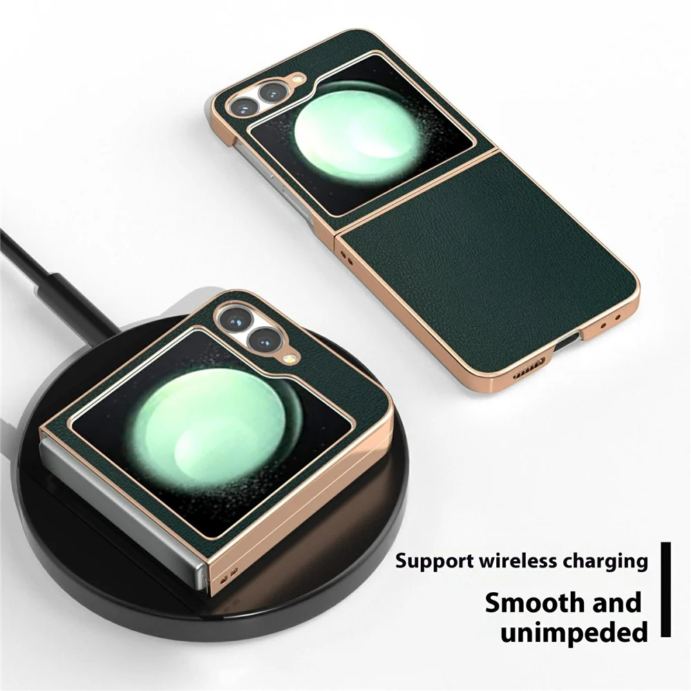 For Samsung Galaxy Z Flip7 FE 5G / Z Flip6 5G Case Electroplating Edge PU Leather Coated PC Phone Cover - Green - Image 4