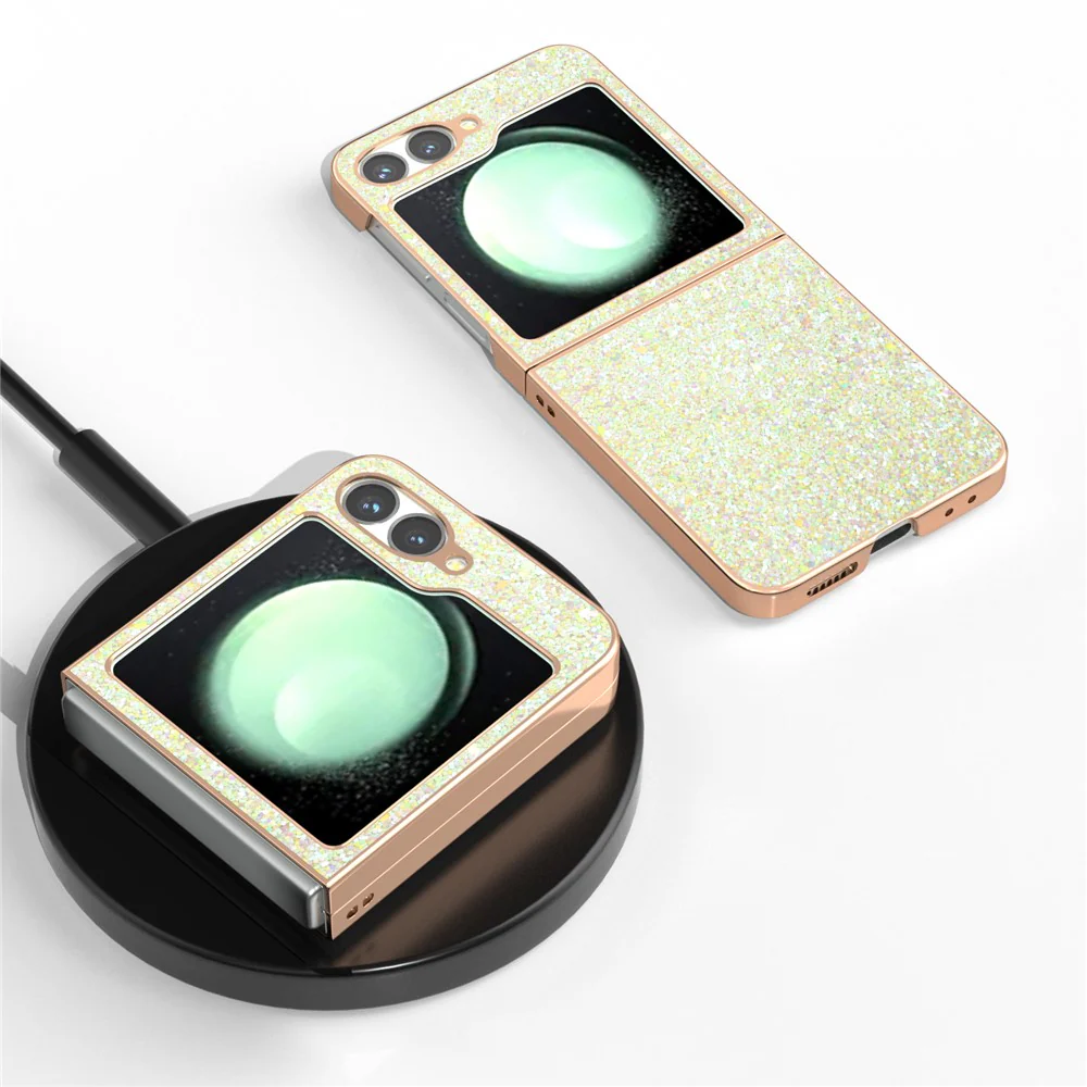 For Samsung Galaxy Z Flip7 FE 5G / Z Flip6 5G Case Electroplating Phone Cover Colored Glitter Design PU+TPU Protective Case - Amber Yellow - Image 4