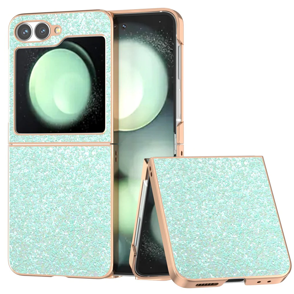 For Samsung Galaxy Z Flip7 FE 5G / Z Flip6 5G Case Electroplating Phone Cover Colored Glitter Design PU+TPU Protective Case - Mint Green