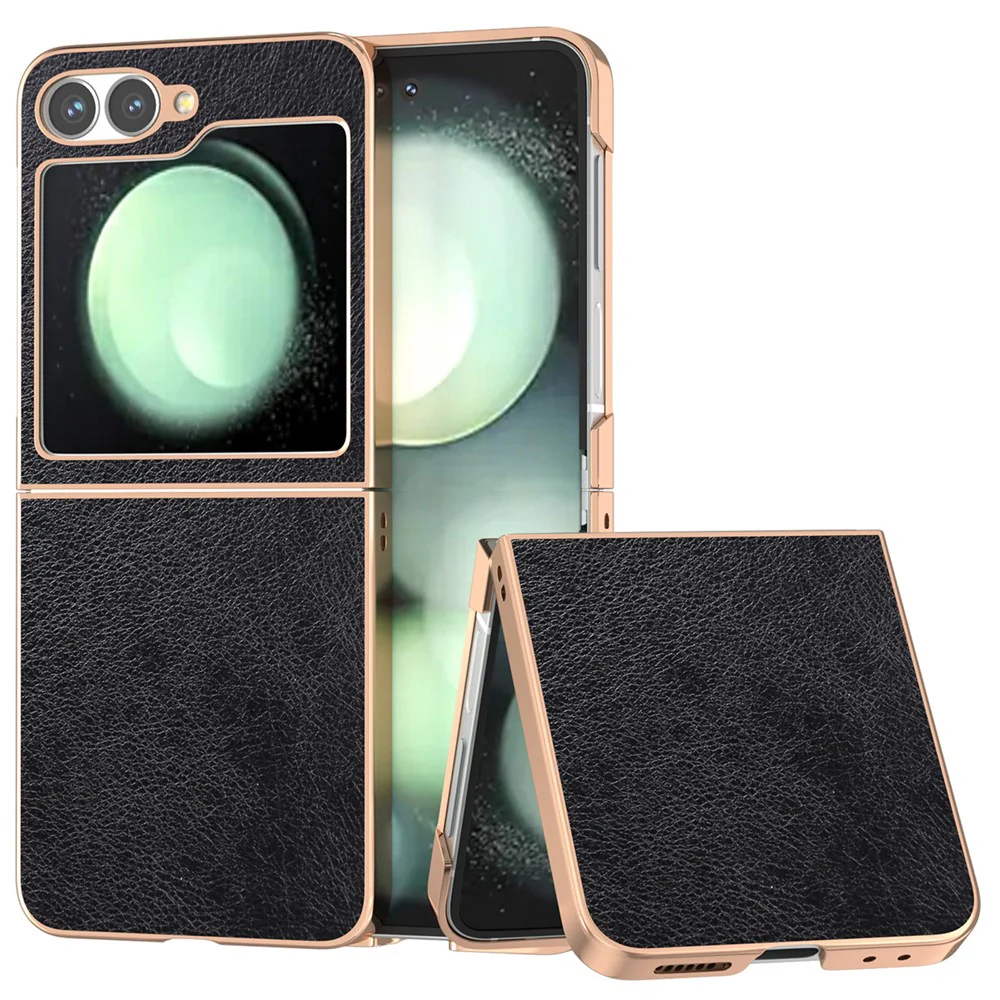 For Samsung Galaxy Z Flip7 FE 5G / Z Flip6 5G Case Electroplating Phone Cover PU Leather+TPU Litchi Texture Case - Black - Image 2