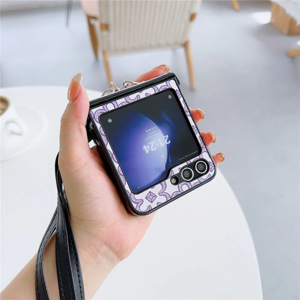 For Samsung Galaxy Z Flip7 FE 5G / Z Flip6 5G Case Floral Pattern PU Leather Coated PC Phone Cover with Crossbody Strap - Purple - Image 2