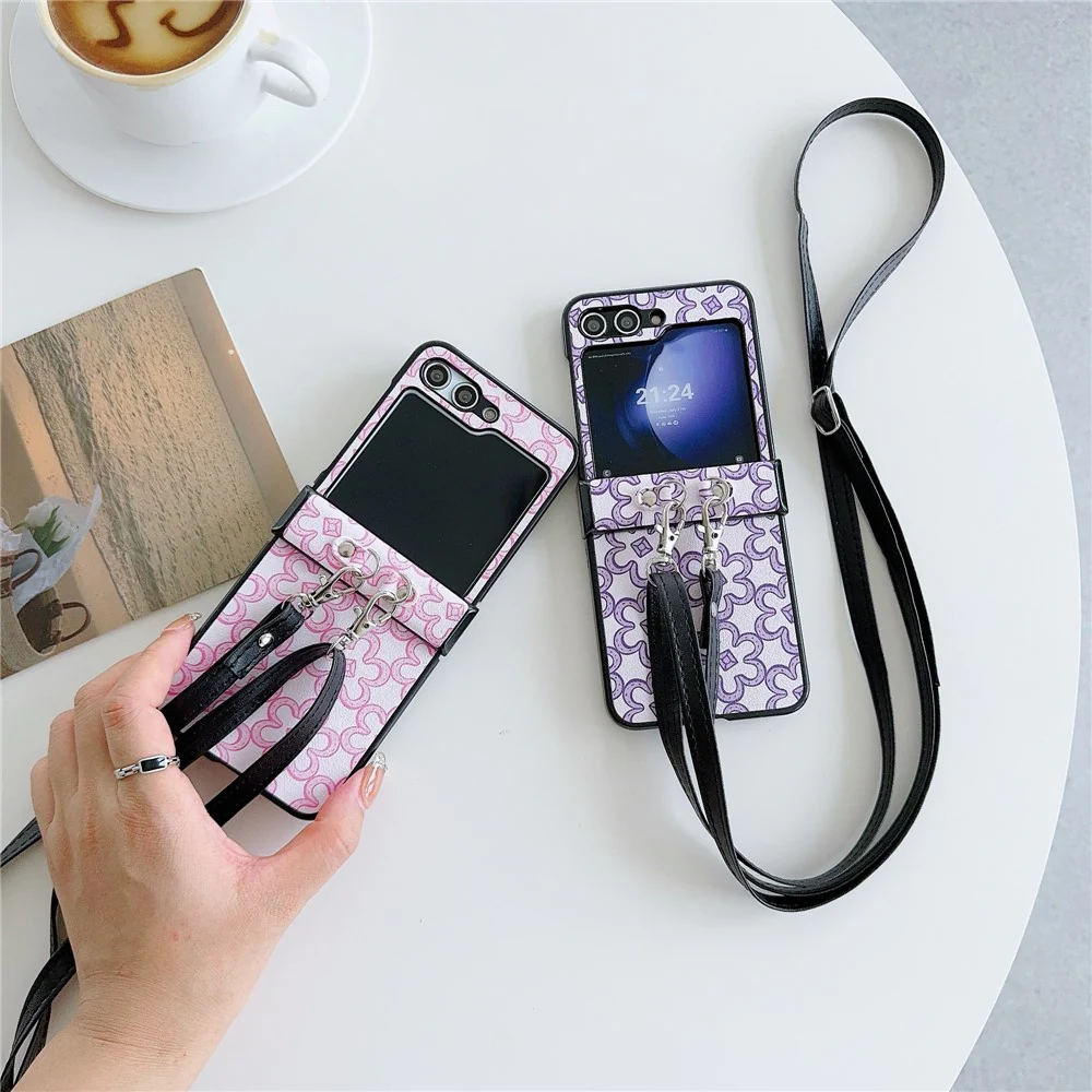For Samsung Galaxy Z Flip7 FE 5G / Z Flip6 5G Case Floral Pattern PU Leather Coated PC Phone Cover with Crossbody Strap - Purple - Image 5