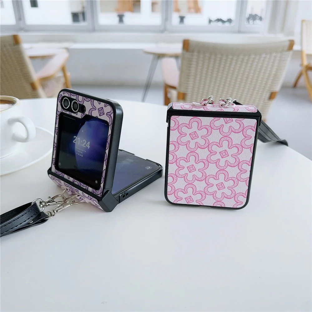 For Samsung Galaxy Z Flip7 FE 5G / Z Flip6 5G Case Floral Pattern PU Leather Coated PC Phone Cover with Crossbody Strap - Purple - Image 6