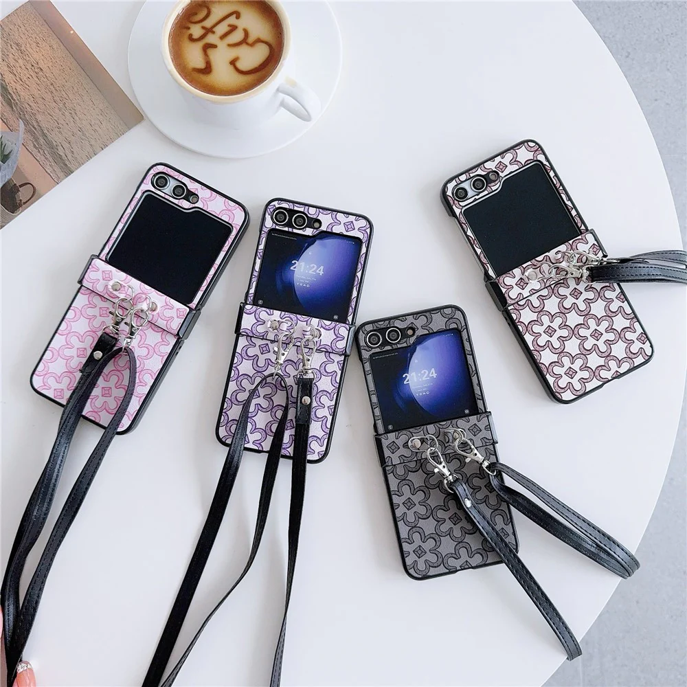 For Samsung Galaxy Z Flip7 FE 5G / Z Flip6 5G Case Floral Pattern PU Leather Coated PC Phone Cover with Crossbody Strap - Purple - Image 7