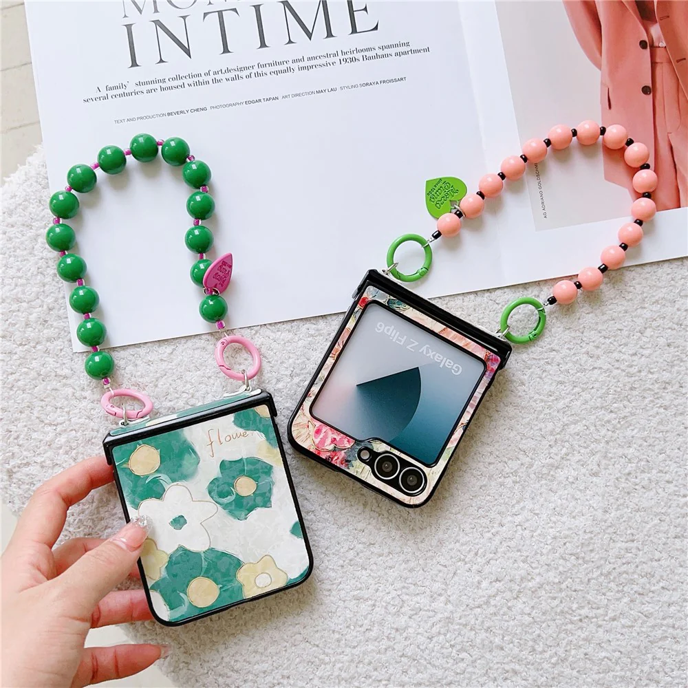For Samsung Galaxy Z Flip7 FE 5G / Z Flip6 5G Case Floral Pattern PU + PC Protective Phone Cover with Strap - Green Flower - Image 7