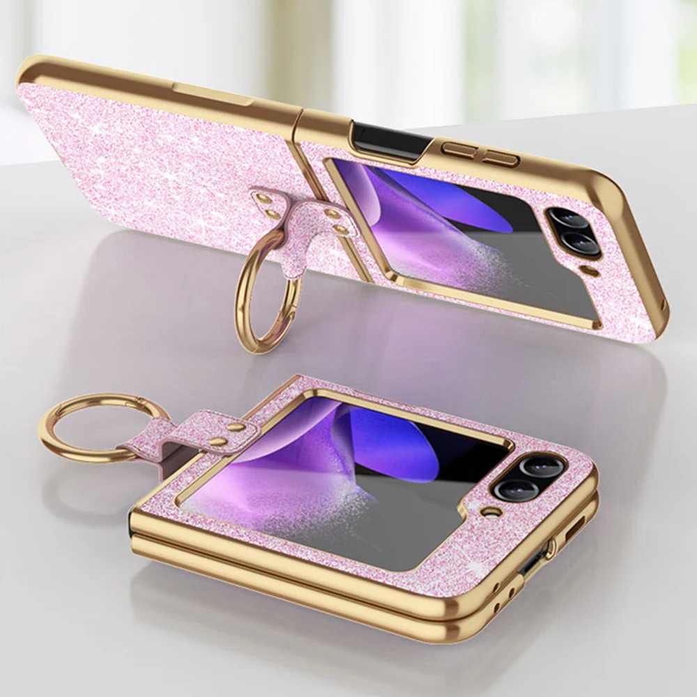 For Samsung Galaxy Z Flip7 FE 5G / Z Flip6 5G Case Glitter Leather+PC Electroplating Phone Cover Ring Kickstand - Pink - Image 4