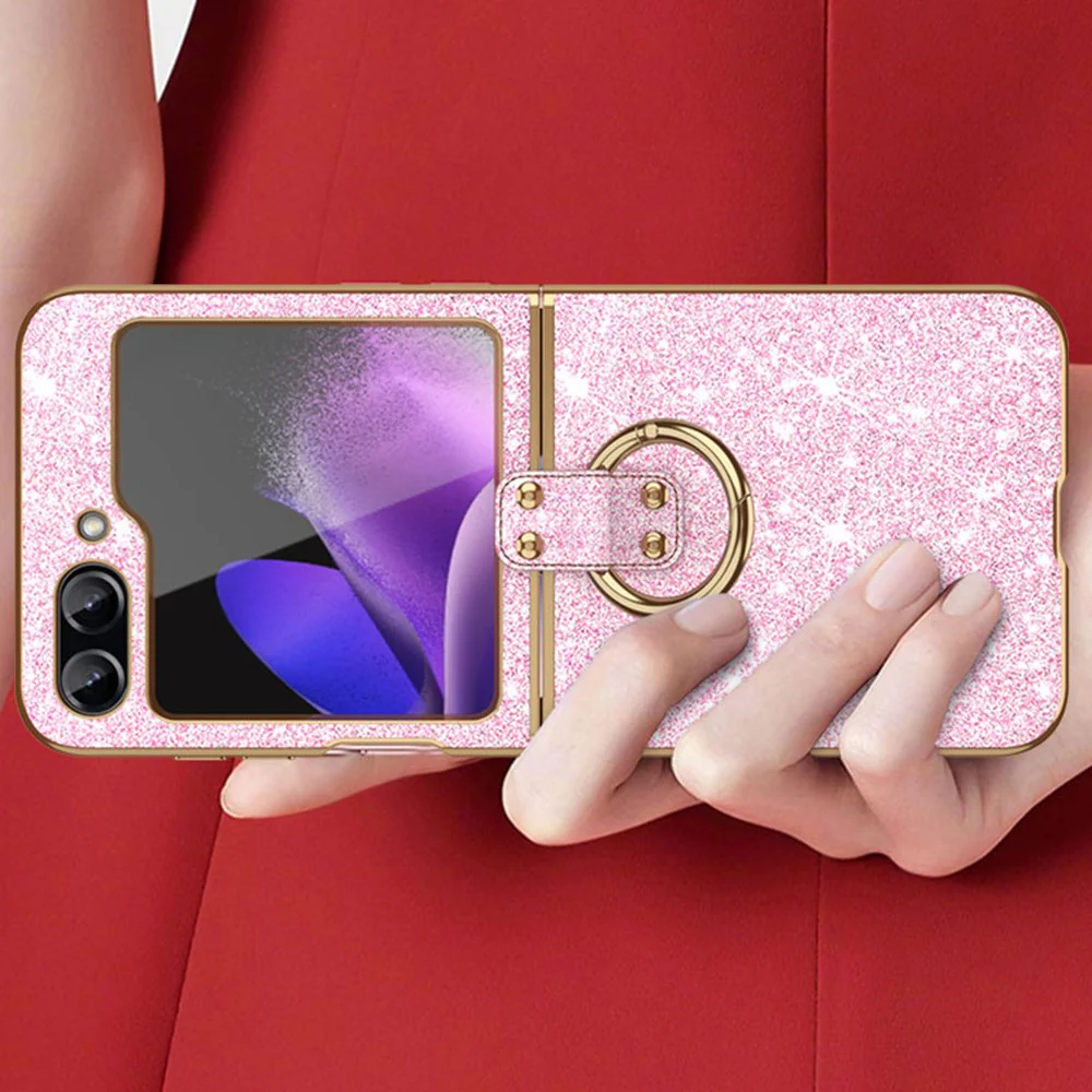 For Samsung Galaxy Z Flip7 FE 5G / Z Flip6 5G Case Glitter Leather+PC Electroplating Phone Cover Ring Kickstand - Pink - Image 7