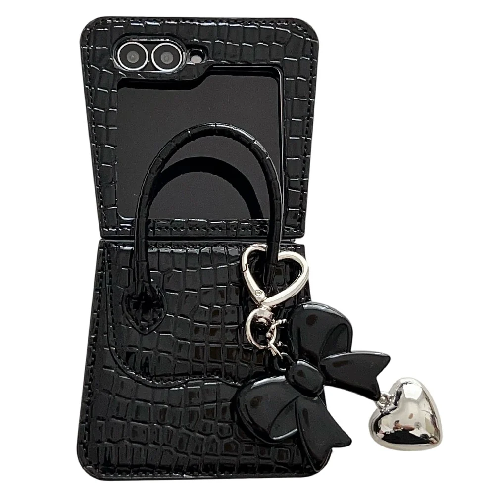 For Samsung Galaxy Z Flip7 FE 5G / Z Flip6 5G Case Handbag Crocodile Texture Leather + PC Phone Cover with Bow Heart Pendant - Black