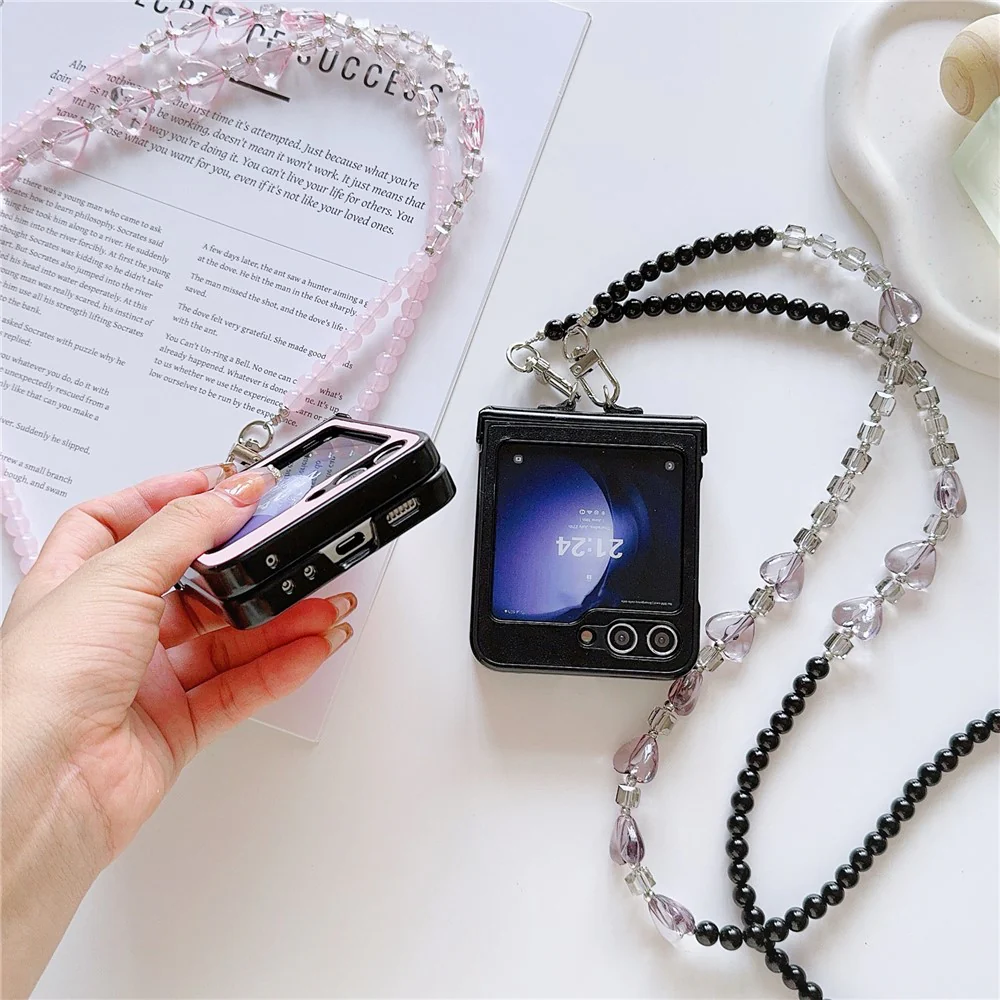 For Samsung Galaxy Z Flip7 FE 5G / Z Flip6 5G Case Heart Pattern Leather+PC Phone Cover with Crossbody Beaded Strap - Black - Image 6