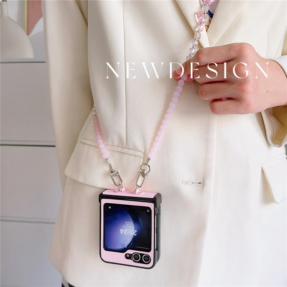 For Samsung Galaxy Z Flip7 FE 5G / Z Flip6 5G Case Heart Pattern Leather+PC Phone Cover with Crossbody Beaded Strap - Pink - Image 4