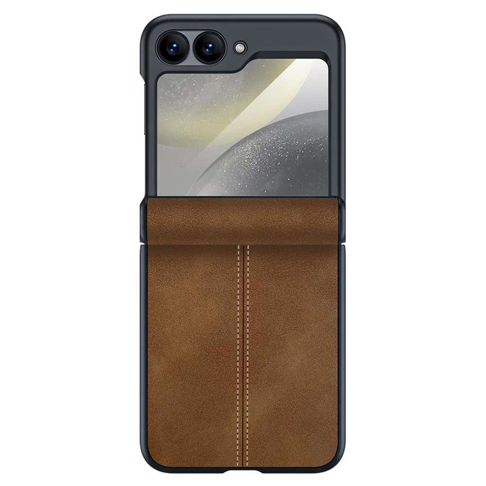 For Samsung Galaxy Z Flip7 FE 5G / Z Flip6 5G Case Hinge Leather+PC Phone Cover with Rear Screen Film - Brown