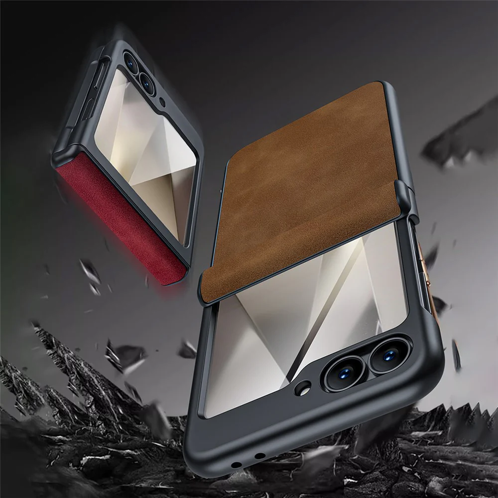For Samsung Galaxy Z Flip7 FE 5G / Z Flip6 5G Case Hinge Leather+PC Phone Cover with Rear Screen Film - Wine Red - Image 7