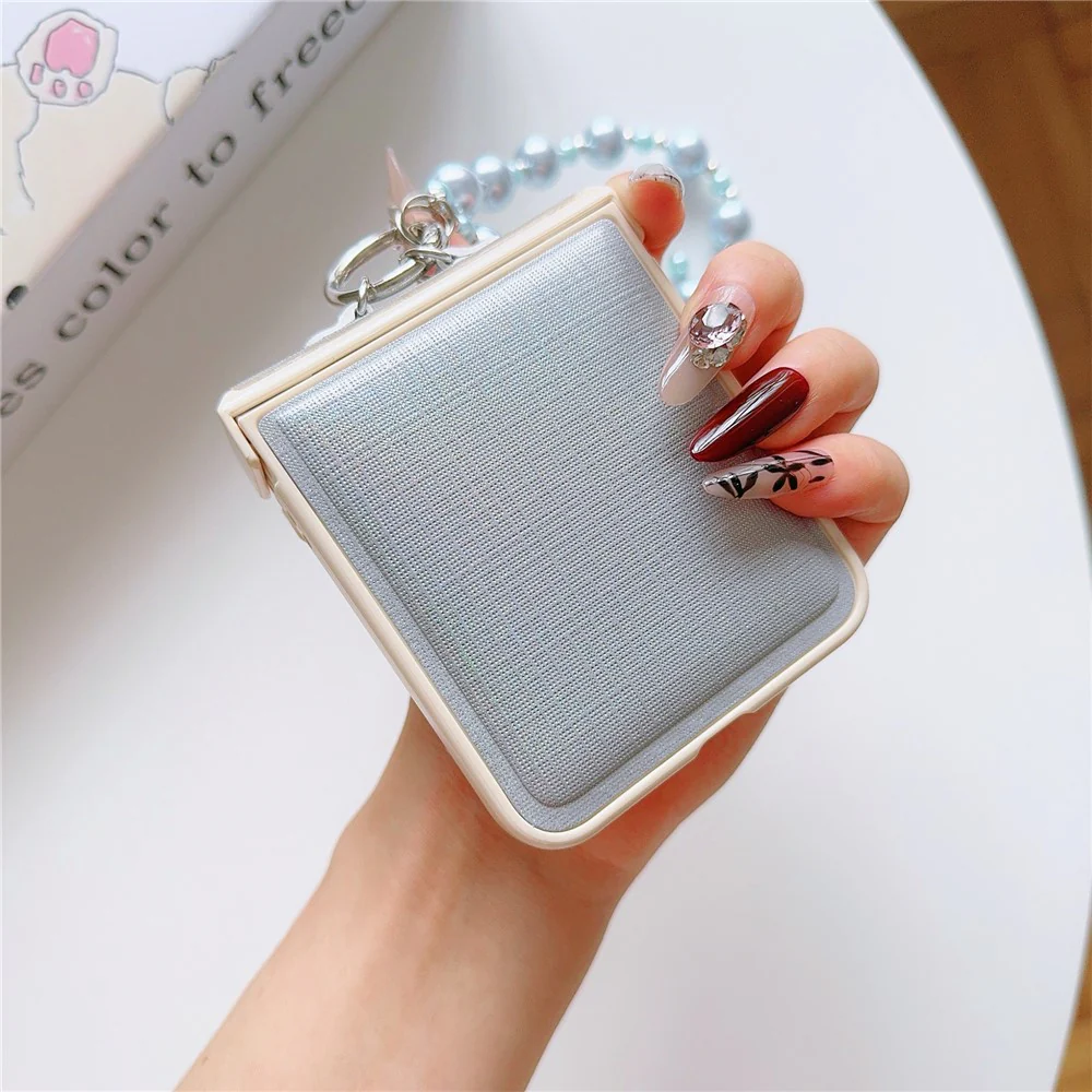 For Samsung Galaxy Z Flip7 FE 5G / Z Flip6 5G Case Hinge Protection Leather+PC Phone Cover with Beaded Phone Charm - Blue - Image 3