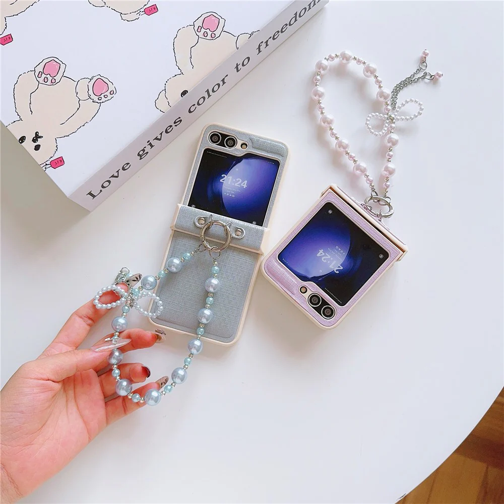 For Samsung Galaxy Z Flip7 FE 5G / Z Flip6 5G Case Hinge Protection Leather+PC Phone Cover with Beaded Phone Charm - Blue - Image 5