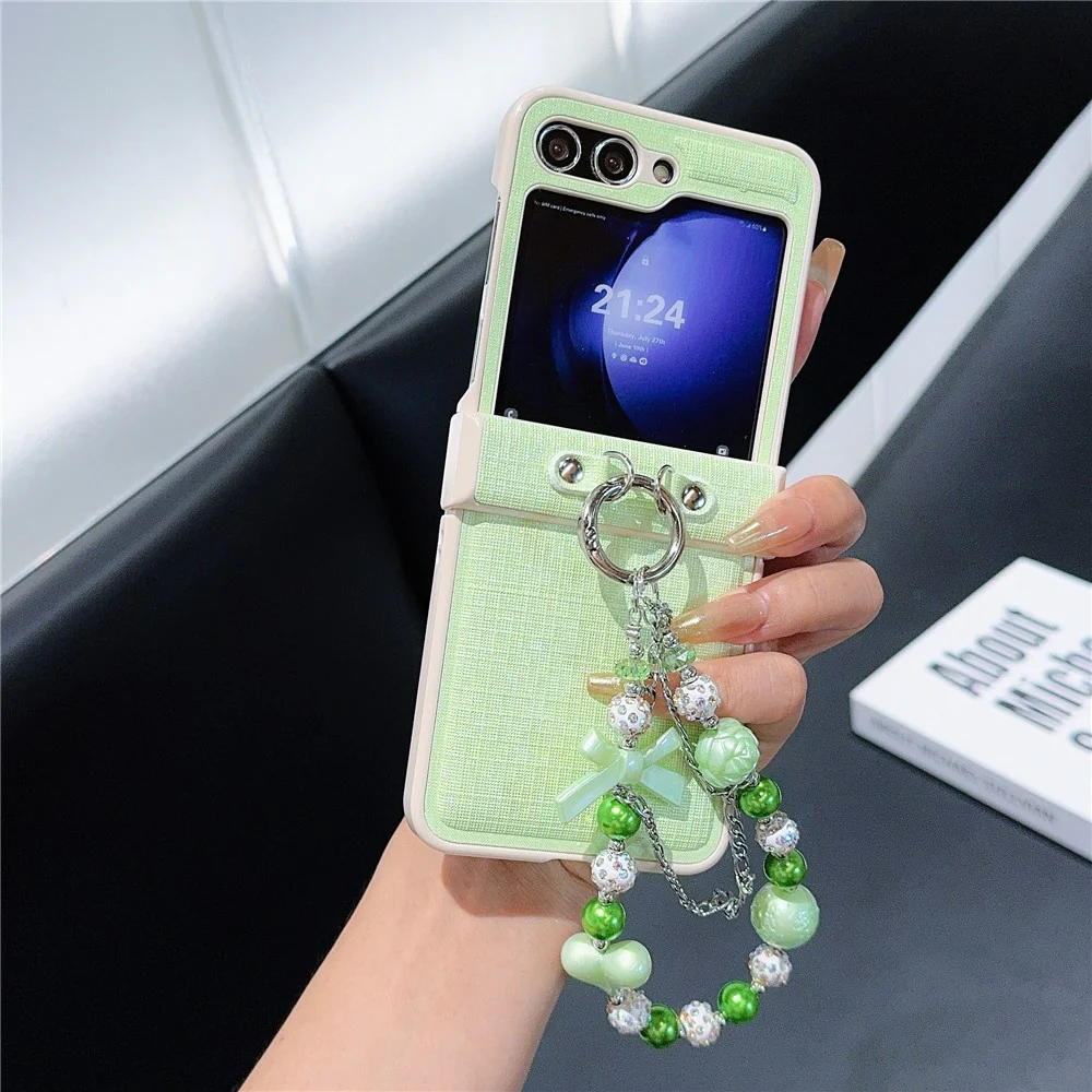 For Samsung Galaxy Z Flip7 FE 5G / Z Flip6 5G Case Hinge Protection Leather+PC Phone Cover with Beaded Strap - Light Green - Image 2