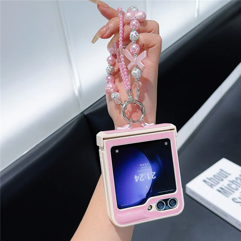 For Samsung Galaxy Z Flip7 FE 5G / Z Flip6 5G Case Hinge Protection Leather+PC Phone Cover with Beaded Strap - Pink - Image 4