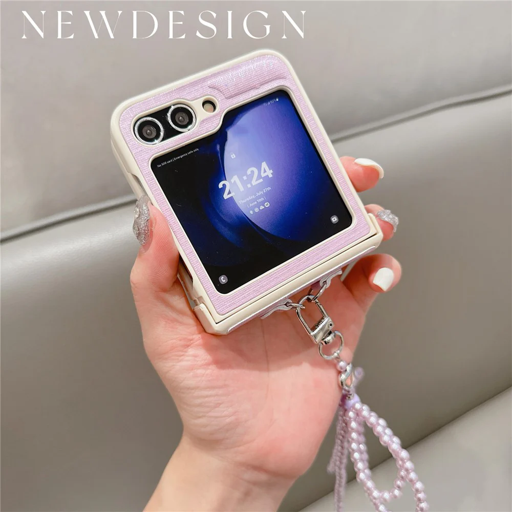 For Samsung Galaxy Z Flip7 FE 5G / Z Flip6 5G Case Hinge Protection Leather+PC Phone Cover with Bow Beaded Strap - Pink - Image 2