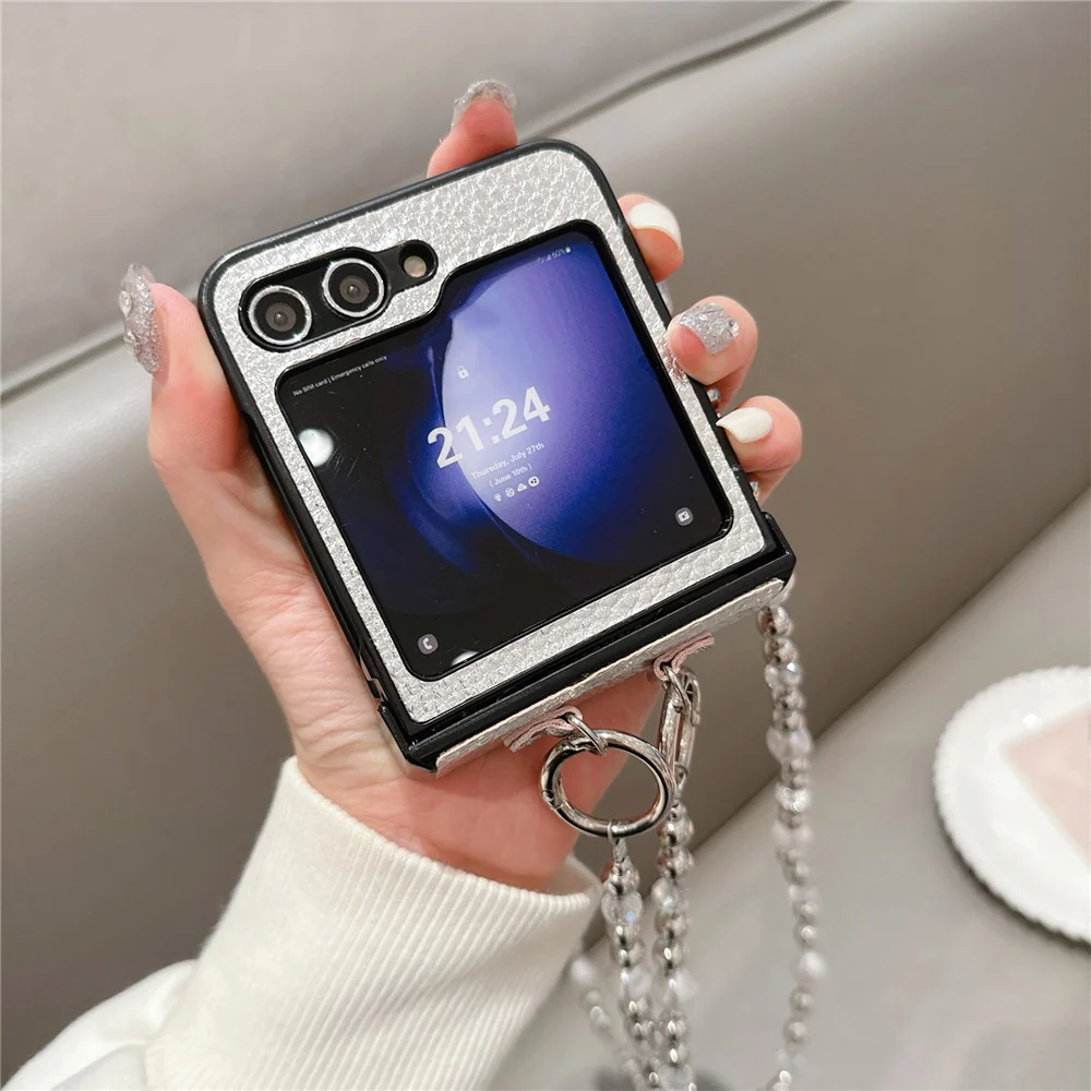 For Samsung Galaxy Z Flip7 FE 5G / Z Flip6 5G Case Hinge Protection Leather+PC Phone Cover with Crossbody Beaded Strap - Silver - Image 2