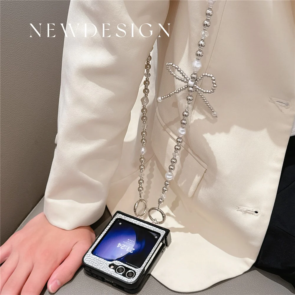 For Samsung Galaxy Z Flip7 FE 5G / Z Flip6 5G Case Hinge Protection Leather+PC Phone Cover with Crossbody Beaded Strap - Silver - Image 4