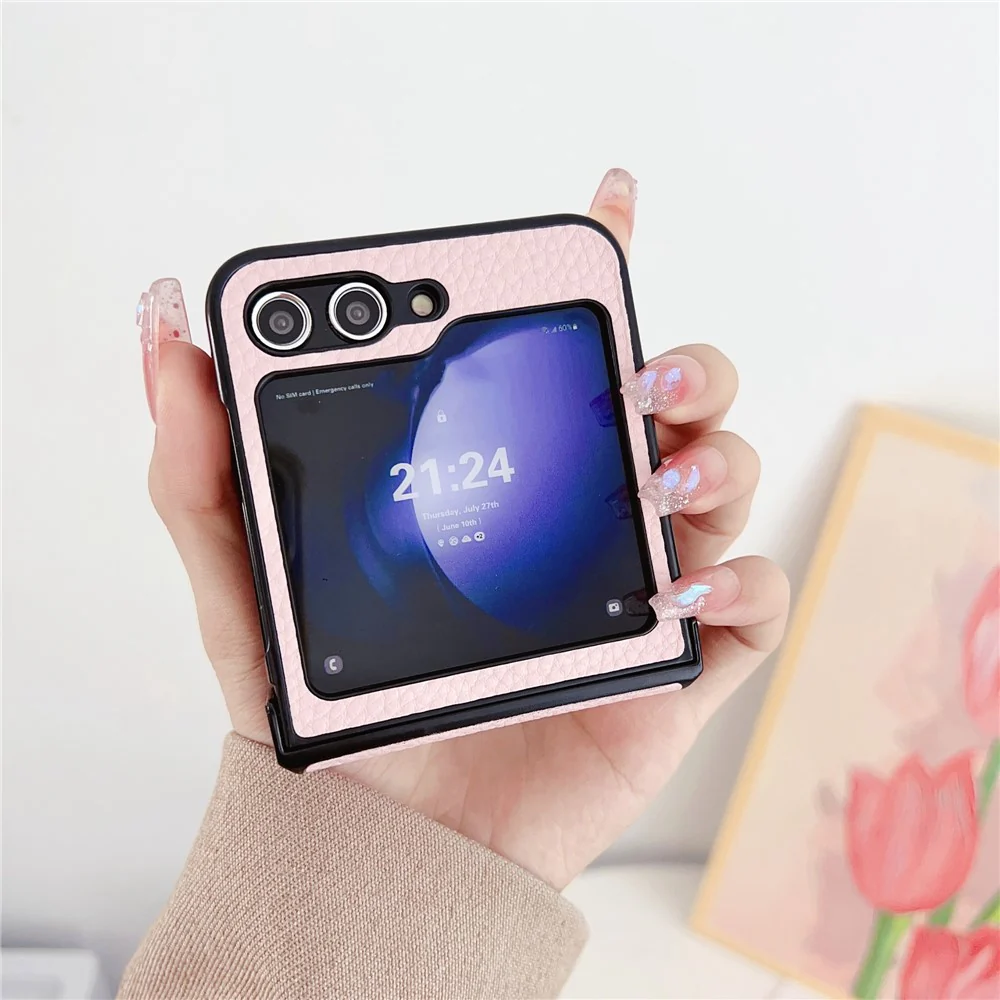 For Samsung Galaxy Z Flip7 FE 5G / Z Flip6 5G Case Hinge Protection Litchi Texture Leather + PC Phone Cover - Pink - Image 3