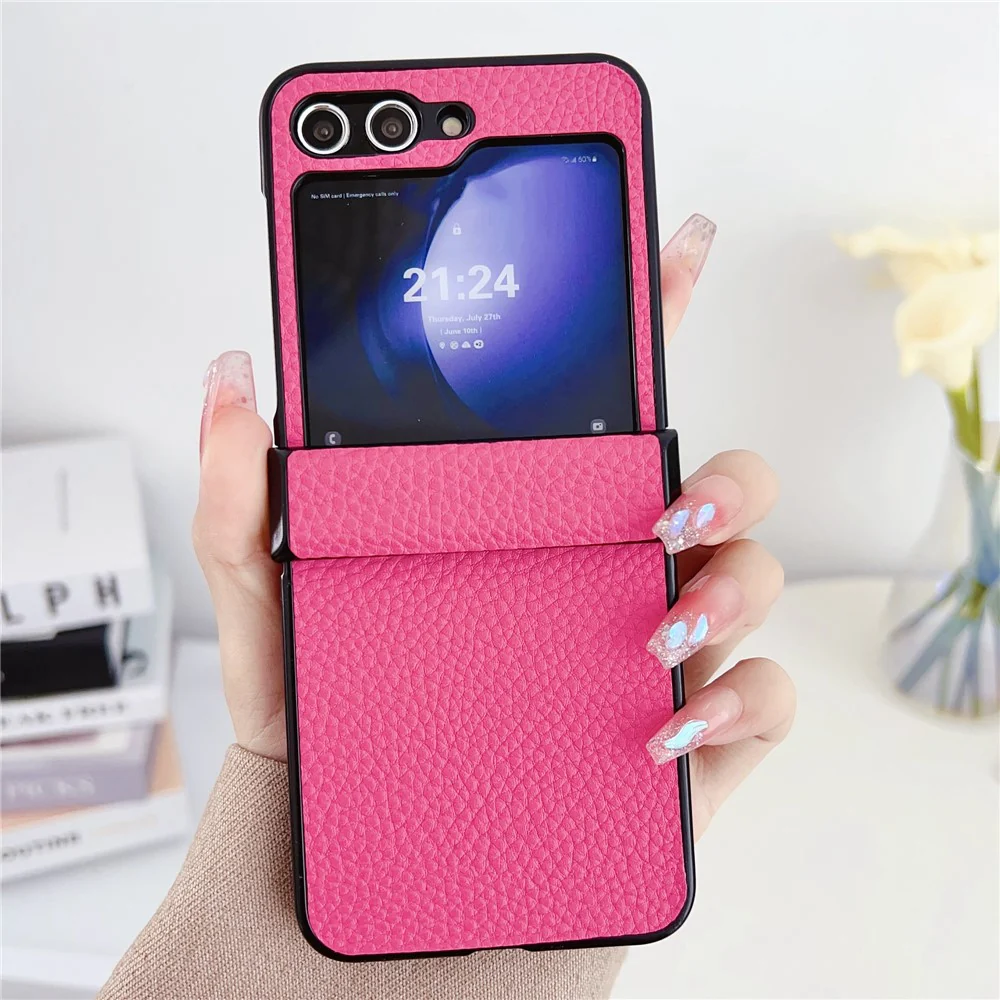 For Samsung Galaxy Z Flip7 FE 5G / Z Flip6 5G Case Hinge Protection Litchi Texture Leather + PC Phone Cover - Rose - Image 2