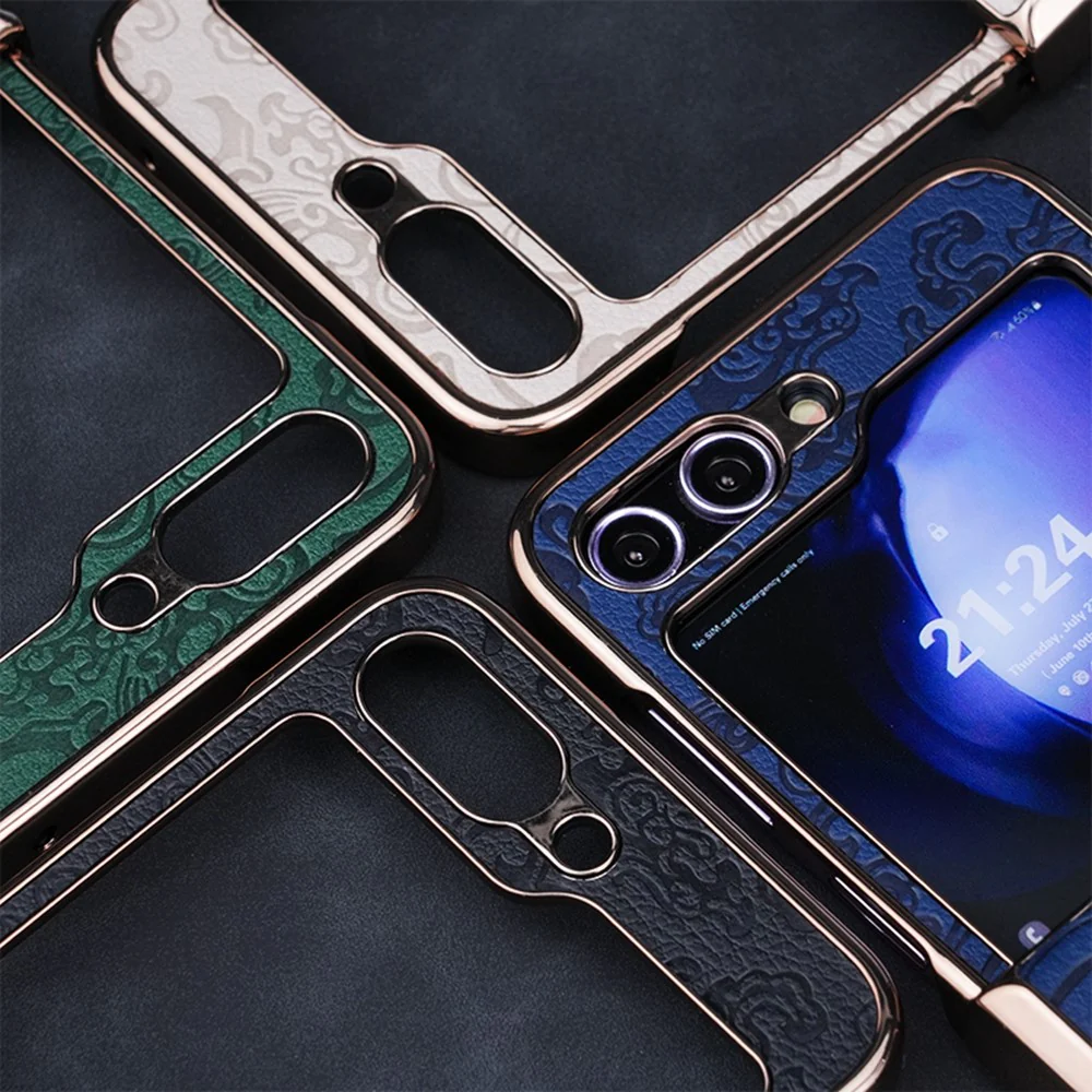 For Samsung Galaxy Z Flip7 FE 5G / Z Flip6 5G Case Hinge Protection Loong Textured Leather+PC Electroplating Phone Cover - Dark Blue - Image 7