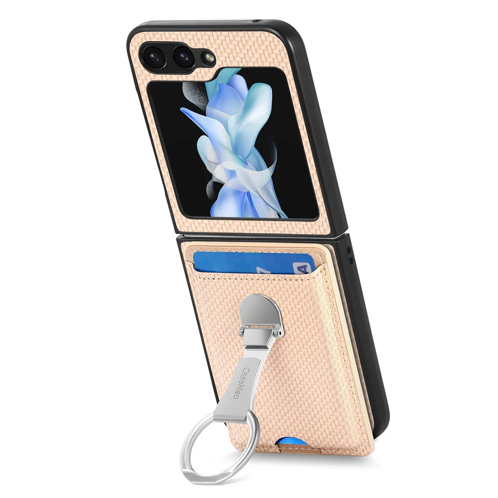For Samsung Galaxy Z Flip7 FE 5G / Z Flip6 5G Case Kickstand Card Holder Leather+PC Phone Cover - Khaki - Image 2