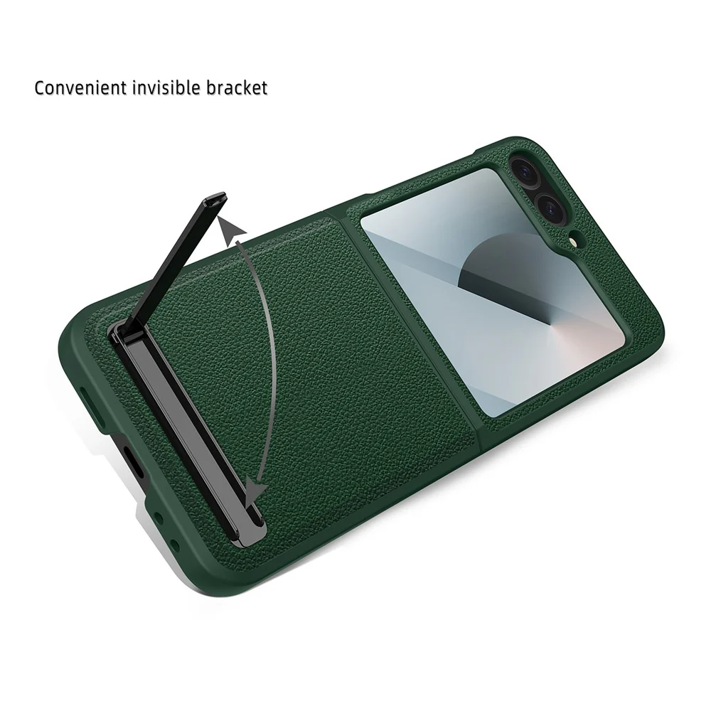 For Samsung Galaxy Z Flip7 FE 5G / Z Flip6 5G Case Kickstand PC+PU Phone Cover with Screen / Lens Film - Wheat Black - Image 6