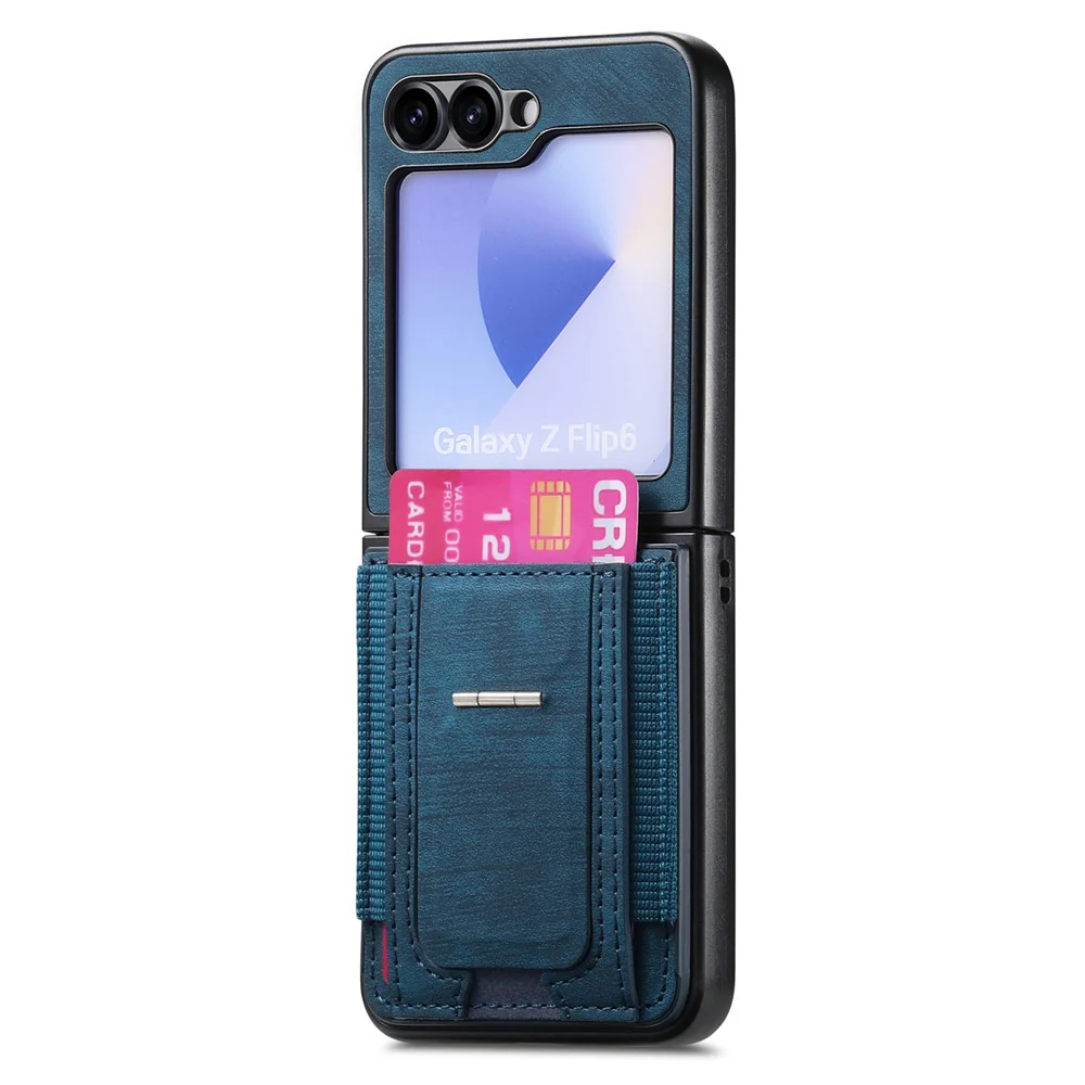 For Samsung Galaxy Z Flip7 FE 5G / Z Flip6 5G Case Kickstand Retro Leather Back Cover with Card Holder - Blue - Image 4